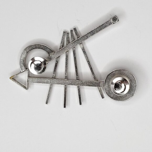 Modernist Geometric Brooch Silvertone Black Circles Lines Triangle Shapes 80s - Picture 4 of 4